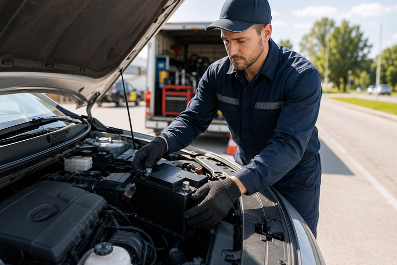 Baby Kaityln technician changing a battery in a broken down vehicle in New Orleans