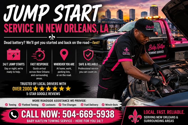 Baby Kaityln technician jump starting a vehicle in New Orleans